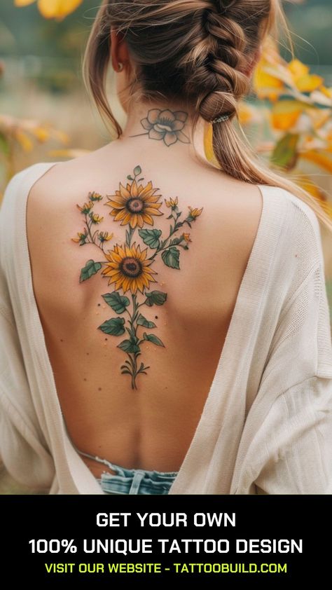 Sunflower Tattoo Ideas - Tattoo Build Back Sunflower Tattoo, Sunflower Thigh Tattoo, Sunflower Back Tattoo, Sunflower Shoulder Tattoo, New Tattoo Styles, Small Best Friend Tattoos, Sunflower Tattoo Ideas, Any Tattoo, Button Tattoo