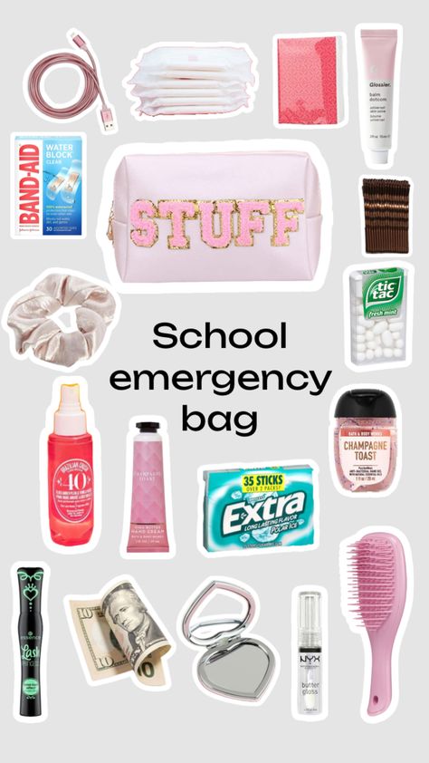 #outfitinspo #vibes #vibes #aesthetic #preppy #school #schoolinspo #backtoschool #bag #emergencykit #thatgirl #itgirl #prepared High School Essentials, Emergency Kit For Girls, Middle School Essentials, School Emergency Kit, School Backpack Essentials, Everyday Bag Essentials, School Survival Kits, When School Starts, School Bag Essentials