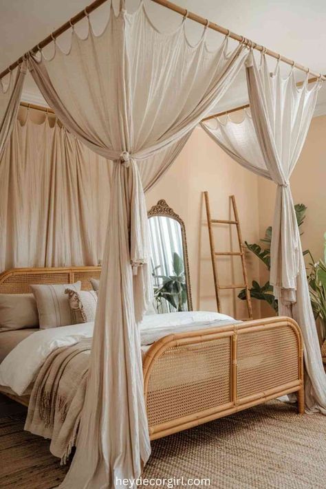 Bamboo Four Poster Bed, Rustic Boho Bedroom, Rustic Bedroom Inspiration, Modern Boho Design, 4 Poster Bed, Rattan Bed Frame, Boho Bedroom Decor Ideas, Relaxing Decor, Cozy Fall Bedroom