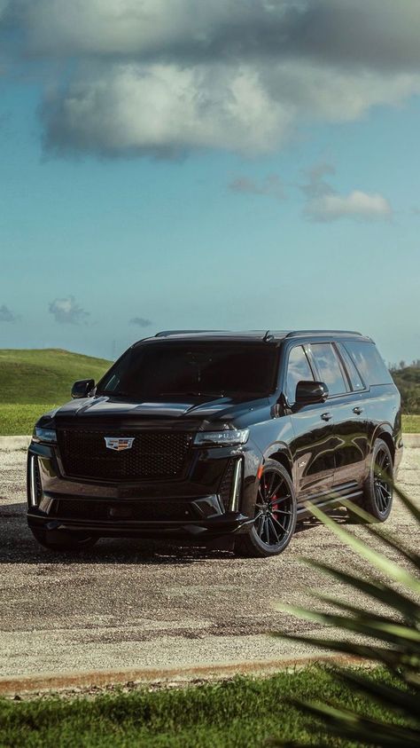 2023 Escalade Esv, Black Cadillac Escalade Aesthetic, Blacked Out Cadillac Escalade, Black Escalade Cadillac, Cadillac Escalade Wallpaper, Black Cadillac Escalade, Black Escalade, Escalade V, Escalade Car