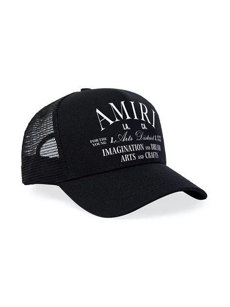 Shop Amiri Arts District Logo Trucker Hat | Saks Fifth Avenue A Text Logo, Iconic Wallpaper, Bucket Hat Black, Hat Ideas, Arts District, Black Accessories, Text Logo, Male Art, Hat Designs