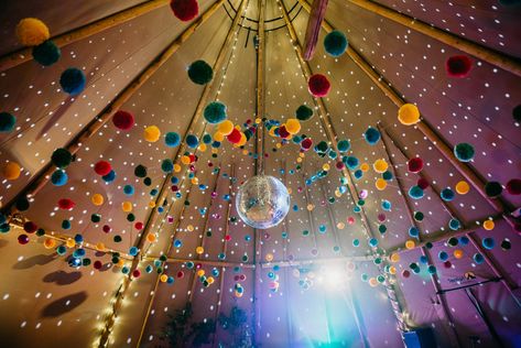 Tipi Pom Poms Disco Ball Church Farm Wedding Andrew Brannan Photography #TipiWedding #PomPoms #DiscoBall #Wedding Tipi Wedding Decor, Wedding Pom Poms, Festival Style Wedding, Festival Themed Wedding, Tipi Wedding, Whimsical Wonderland Weddings, Venue Decor, Marquee Wedding, Disco Balls