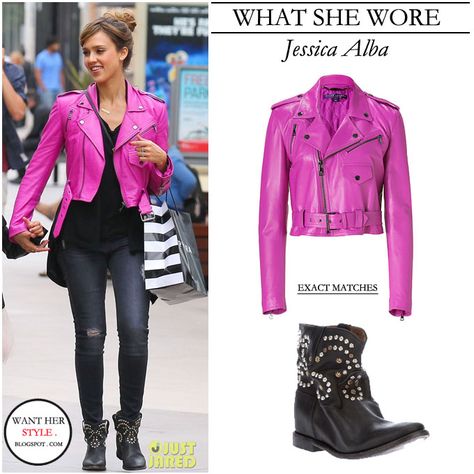 Picking up this @RalphLauren moto jacket for a private client today... (Worn by the fab @JessicaAlba!) Pink Leather Jacket Outfit, Spring Jacket Outfit, Biker Jacket Outfit, Moto Jacket Outfit, Pink Moto Jacket, Westfield Mall, I Want Her, Pink Leather Jacket, Studded Leather Jacket