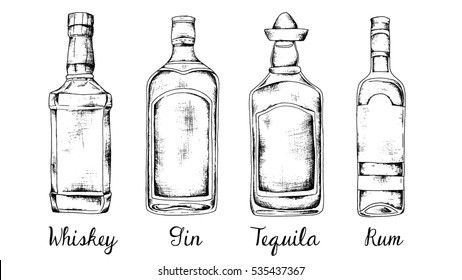 Alcohol set: whiskey, gin, tequila, rum. Sketch style vintage illustration. Liquor Bottle Drawing, Whiskey Logo, Bottle Tattoo, Bottle Drawing, Watercolor Portrait Painting, Rum Bottle, Food Sketch, Recipe Scrapbook, Tequila Bottles