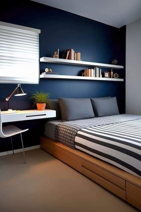 Million Ideas FB Blue Walled Bedroom Ideas, Men’s Room Color, Man Bedroom Color Ideas, Blue Room Ideas For Men, Male Bedroom Color Ideas, Mens Room Wall Decor, Boy Room Wall Color, Blue Teenage Boys Bedroom Ideas, 2 Tone Bedroom Walls