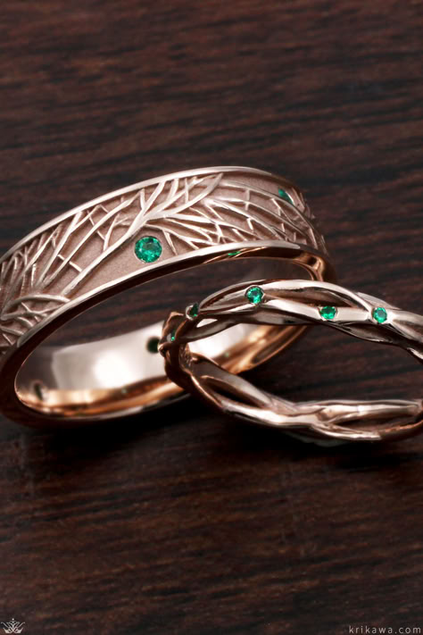 Our classic Tree of Life Wedding Band is enhanced with flush set emeralds set within the branches. The complimentary Tree Branch Diamond Wedding Band features matching emeralds. Earthy Matching Wedding Rings, Unisex Wedding Bands, Nature Themed Rings, Make Wedding Bands, Sapphic Wedding Rings, Elf Wedding Ring, Pagan Wedding Rings, Silver Couple Ring Design, Wedding Bands His And Hers Unique