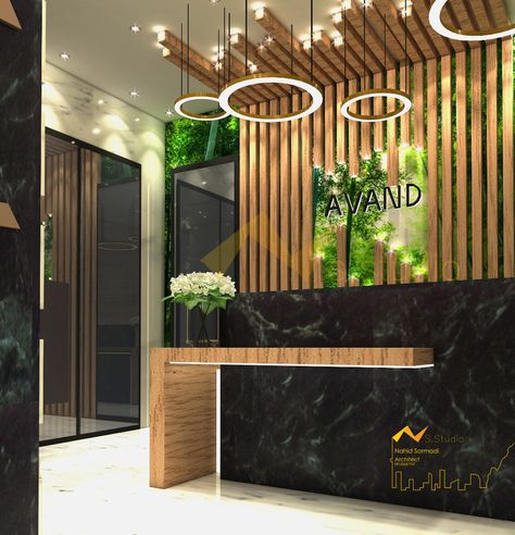 Reception Desk Back Wall Design, Small Reception Desk Design Entrance, Small Hotel Reception Design, Reception Counter Ideas, Restaurant Reception Design, Small Hotel Lobby Design, Small Office Reception Design, Reseption Zone Design, Hospital Reception Design