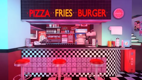 Sims 4 Diner Cc, 80s Diner, Neon Burger, Give Me A Nickname, Neon Pizza, Sims 4 Restaurant, Neon Food, Sign Restaurant, Diner Sign