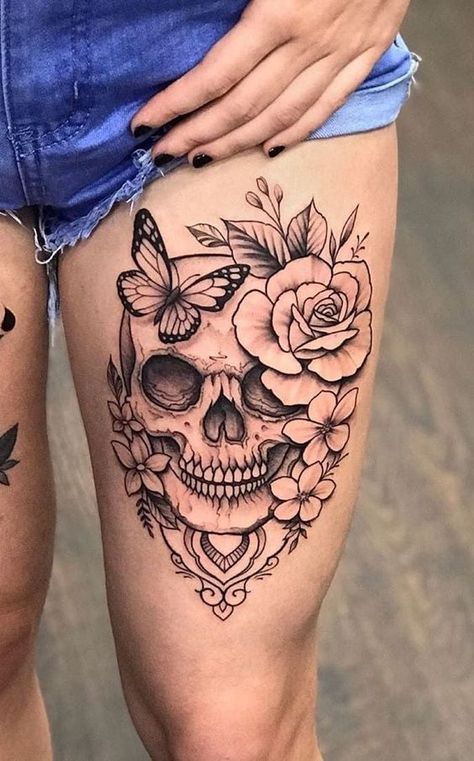 Skull Thigh Tattoos, Small Skull Tattoo, Infected Tattoo, Skull Tattoo Flowers, Feminine Skull Tattoos, Skull Rose Tattoos, Catrina Tattoo, Skull And Flowers, Floral Thigh Tattoos