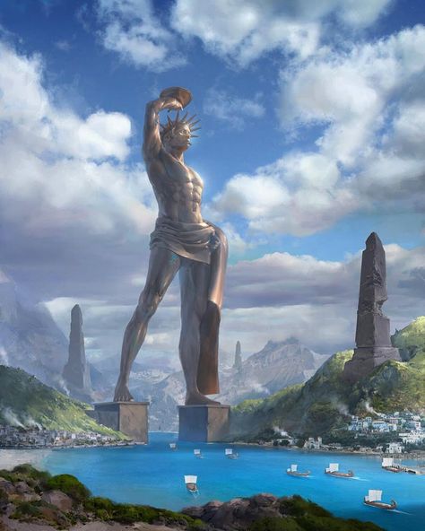 Colossus Of Rhodes, Ancient Greek Art, Greek Mythology Art, Fantasy City, Fantasy Places, Mythology Art, Greek Art, Fantasy Art Landscapes, Fantasy Concept Art