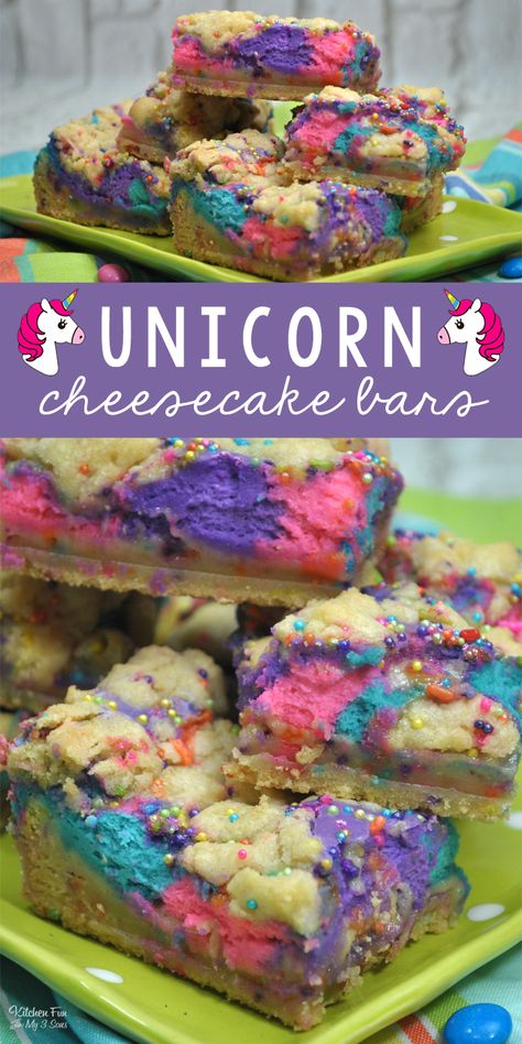 Unicorn Cheesecake Bars with a soft sugar cookie crust and colorful cheesecake. An easy dessert that's perfect for unicorn birthday parties! Unicorn Cheesecake, Soft Sugar Cookie, Lemon Cheesecake Bars, Sugar Cookie Crust, Homemade Sugar Cookies, Cookie Bar, Soft Sugar, Soft Sugar Cookies, Kinds Of Desserts