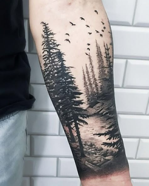 225 Breathtaking Wilderness Tattoo Ideas (2023) - TattoosBoyGirl Wilderness Tattoo Sleeve, Mountain Sleeve Tattoo, Forest Tattoo Sleeve, Forest Forearm Tattoo, Natur Tattoo Arm, Wilderness Tattoo, Tree Sleeve Tattoo, Tattoo Sleeve Ideas, Half Sleeve Tattoos Forearm