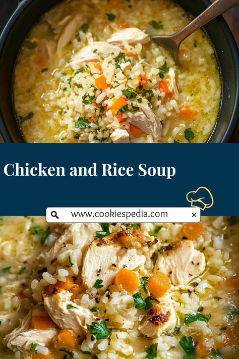 Warm up with this easy recipe for Chicken and Rice Soup! Hearty and comforting, it's ideal for parties or chilly days when you want a delicious bowl of goodness. With tender chicken, savory herbs, and rice, it’s a crowd-pleaser that's simple to make. Try it today! Chicken Soup Recipes Rice, Chicken Rice Recipes Easy, Easy Chicken And Rice Soup, Rice Soup Crockpot, Chicken Broth Recipes Soup, Yummy Soup Recipes, Chicken And Yellow Rice, Chicken Broth Soup, Crispy Onion Rings