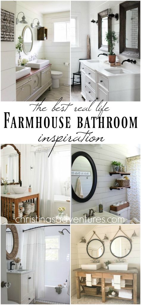 The best real life farmhouse bathroom inspiration images and tips for how to implement this design style into your own home Inspirational Bathroom Decor, Farmhouse Ensuite, Farmhouse Bathroom Inspiration, Farmhouse Bathroom Ideas, Bathroom Farmhouse, Ikea Ideas, Best Farmhouse, Farmhouse Side Table, White Vanity