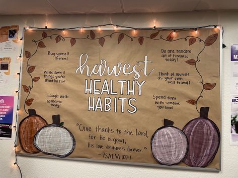 October Ra Board Ideas, Healthy Habits Ra Bulletin Board, November Mental Health Bulletin Board, Ra September Bulletin Board, Ra Staff Bulletin Board, Harvest Healthy Habits Bulletin Board, Thanksgiving Ra Board Ideas, Freshman Bulletin Board Ideas, November Ra Board Ideas