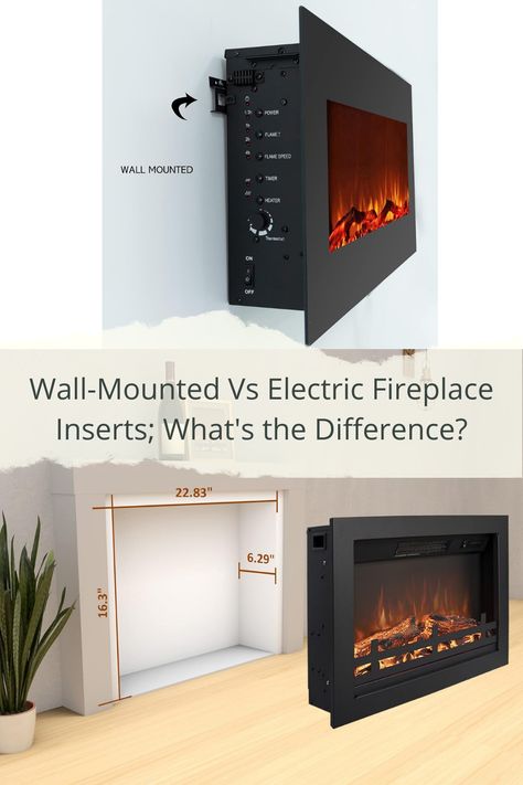 here are some notable differences between a wall-mounted and electric fireplace insert... Wall Mounted Electric Fireplace Bedroom, Fireplace Mounted On Wall, Electric Fireplace Flush With Wall, Wall Mount Tv With Fireplace, Simple Electric Fireplace Surround, Brick Fireplace Electric Insert, Installing Electric Fireplace, Wall Mounted Electric Fireplace Under Tv Ideas, Wall Mounted Fireplace Ideas