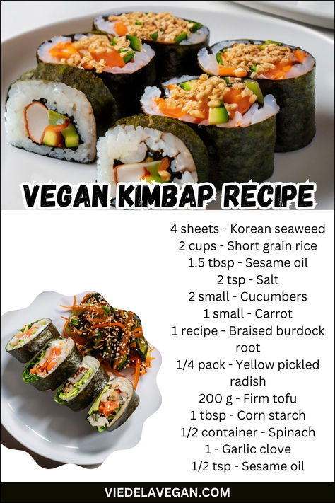 Vegan Kimbap Recipe Vegan Kimbap, Kimbap Recipe Korean, Kimbap Recipe, Recipe Korean, Vegan Snack Recipes, Pickled Radishes, Vegan Snack, Vegan Beans, High Protein Vegan