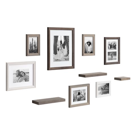 Gallery Wall With Shelves, Gallery Wall Frame Set, Grey Picture Frames, Wall Frame Set, Photo Wall Gallery, Frame Shelf, Picture Frame Sets, Gallery Wall Frames, White Picture Frames