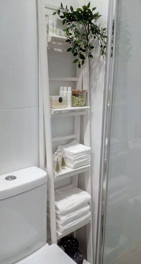 21 Easy DIY Bathroom Shelf Ideas - 168 Diy Bathroom Shelf, Narrow Ladder Shelf, Storage Ideas For Small Bathrooms, Bathroom Shelf Ideas, Easy Diy Bathroom, Shower Frame, Minimalist Wood Furniture, Modern Apartment Living Room, Bathroom Counter Decor