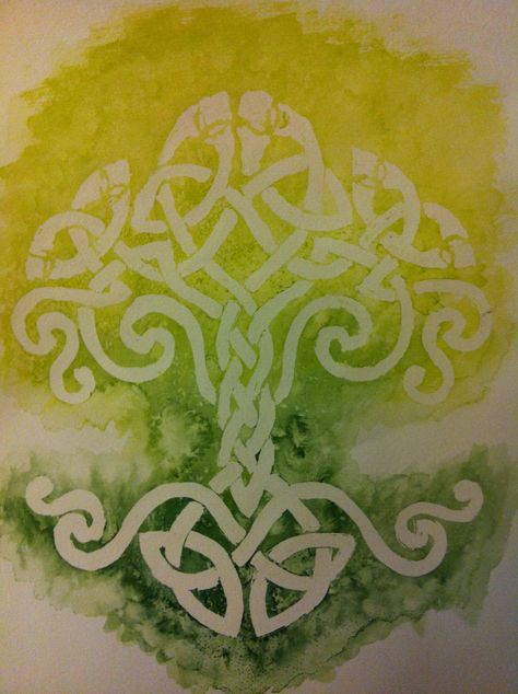 watercolor painting of green tree of life made of Celtic knots. i used salt to create the weathered effect Celtic Decor, Irish Wall Art, Celtic Knot Tattoo, Viking Decor, Epic Drawings, Pagan Decor, Custom Word Art, Knot Tattoo, Tree Of Life Tattoo