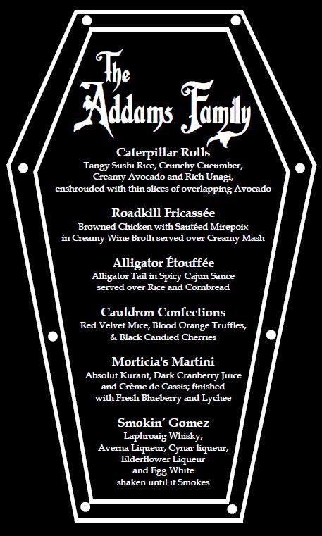 Addams Family Dinner Party Menu created by Megan McCluskey The Addams Family Party Ideas, Addams Family Party Food, Wednesday Addams Theme Party Food, Wednesday Addams Recipes, Wensday Adams Party Ideas Food, Wednesday Addams Food, Addams Family Theme Party Food, Adams Family Movie Night Food, Addams Family Dinner Party