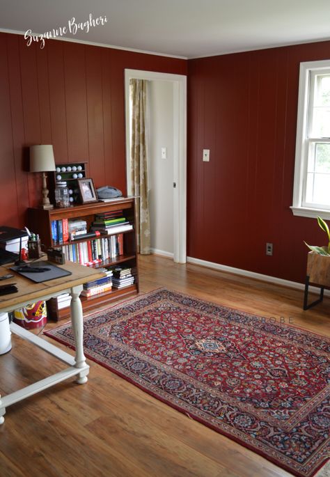 Our Home Office Makeover Update: Behr Red Pepper Walls with New Pergo Flooring - Behr Red Pepper, Benjamin Moore Cloud White, Pergo Outlast, Office Paint Colors, Home Office Makeover, Billiards Game, Red Office, Office Paint, Pergo Flooring