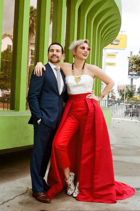 Amazing red trousers with trail, two piece bridal wedding outfit · Rock n Roll Bride Los Angeles Brunch, Romantic Red Wedding, Chinese Prom Dress, Crimson Wedding, Red Wedding Gowns, Colored Wedding Dress, Vera Wang Wedding, Chic Vintage Brides, Red Wedding Dress