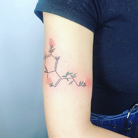 Nas on Instagram: “Serotonin ✨” Serotonin Molecule Tattoo, Tattoo With Roses, Serotonin Tattoo, Tattoos For Women Small Meaningful, Serotonin Molecule, Molecule Tattoo, Bee Tattoo, Music Tattoos, Skull Tattoos