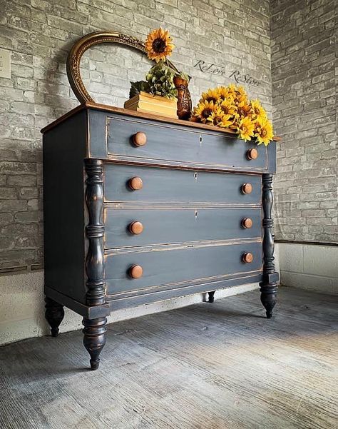 This early 1800’s dresser got a classic distressed makeover embracing, preserving and highlighting her centuries of history. By client’s choice she was painted in slate black. 🖤The top and knobs were sanded and stained to best tie to the overall look. Dresser Stencils, Black Distressed Dresser, New Home Vision Board, Stained Dresser, Distressed Dresser, Black And White Furniture, Grandmillenial Style, Dresser Redo, Flip Ideas