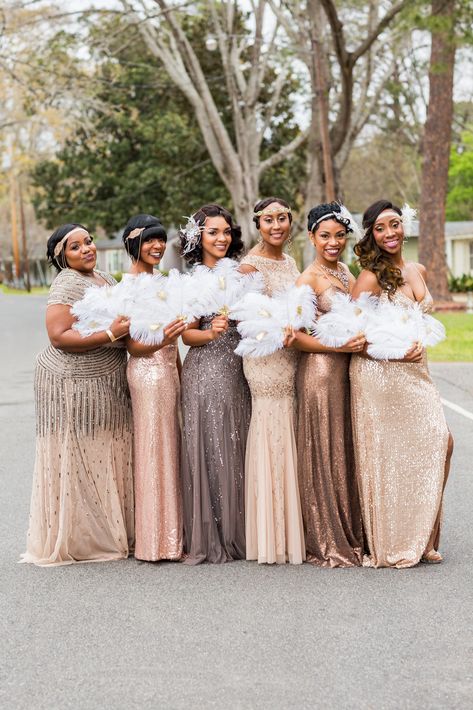 Bakari And Kandice Great Gatsby Wedding - Essence Roaring 20s Bridesmaid Dresses, Roaring 20s Wedding Theme, 1920s Bridesmaid Dresses, Gatsby Wedding Dress, Roaring 20s Wedding, Flapper Wedding, Hollywood Glam Wedding, 20s Wedding, Gatsby Wedding Theme