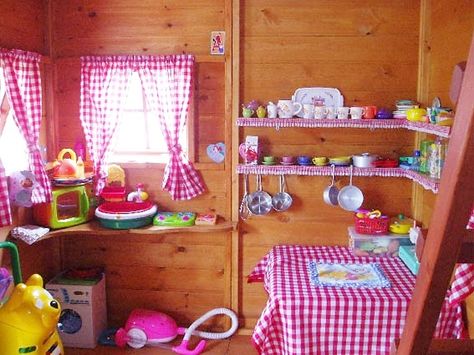 Girls Playhouse Interior, Playhouse Interior Ideas, Wooden Outdoor Playhouse, Cubby House Ideas, Playhouse Interior, Playhouse Decor, Shed Playhouse, Kids Playhouse Outdoors, Garden Playhouse