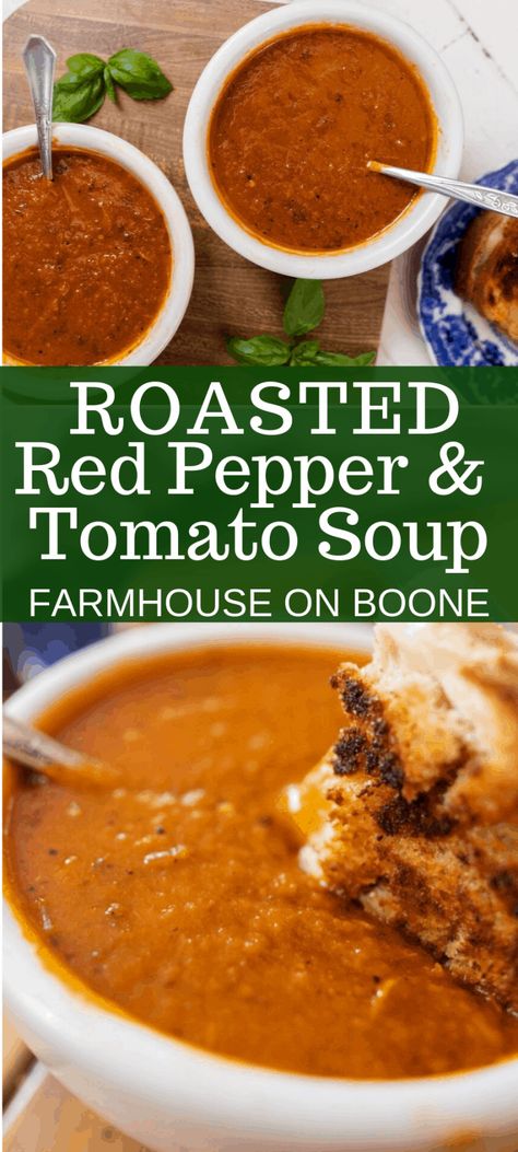 Roasted red pepper and tomato soup is the perfect fall recipe. The roasted vegetables are caramelized to perfection and then simmered with chicken broth. Serve it with a touch of cream, fresh basil and cracked pepper to warm up on a cold afternoon. #farmhouseonboone #redpepperandtomatosoup #soup Red Pepper And Tomato Soup, Pepper And Tomato Soup, Homemade Grilled Cheese, Farmhouse On Boone, Cheese Burger Soup Recipes, Roasted Red Pepper Soup, Red Pepper Soup, Homemade Dinner Recipes, Cream Fresh