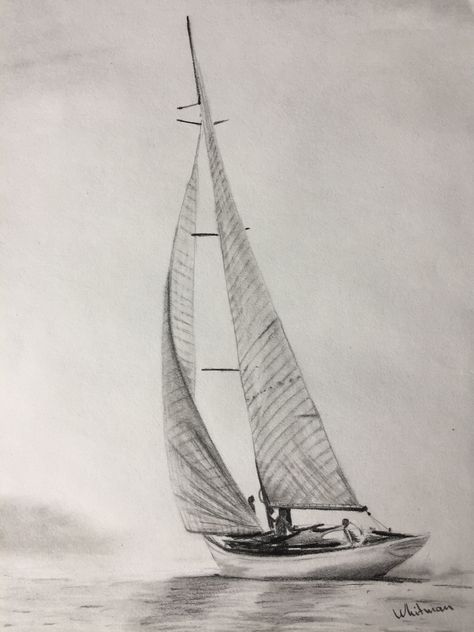 $30 Sailing yacht sketch, full sails, misty shore, water reflections. Original art, graphite pencil drawing by Elena Whitman. Sailboat Pencil Drawings, Sailboat Drawing Sketches, Drawing Boats Pencil Sketch, Sail Boats Drawing, Boat On Water Drawing, Sea Drawing Pencil, Sailing Boat Drawing, Sailing Ship Drawing, Sail Boat Tattoo