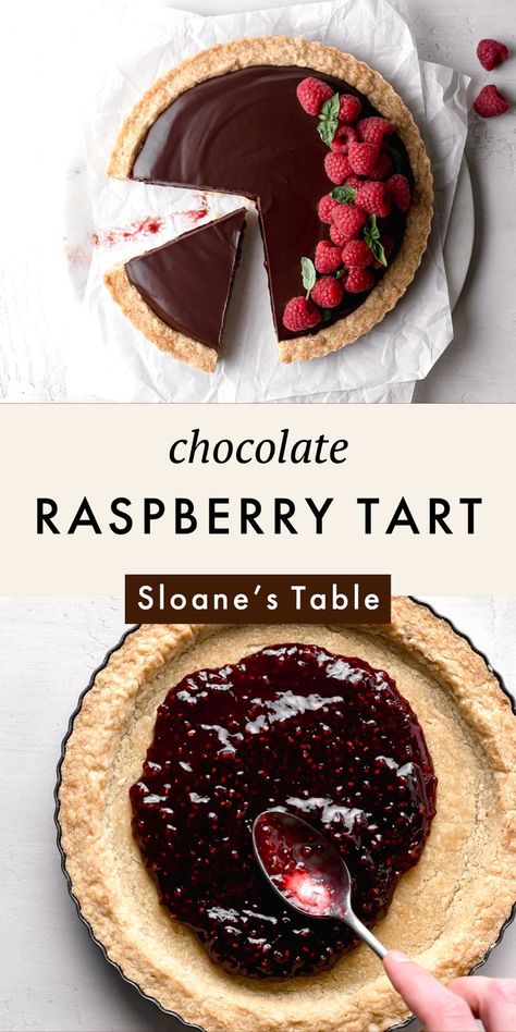 Raspberry Tart Recipe, Chocolate Raspberry Tart, Chocolate And Raspberry Tart, Chocolate Ganache Tart, Raspberry Tart, Raspberry Desserts, Buttery Shortbread, Tart Dessert, Raspberry Tarts