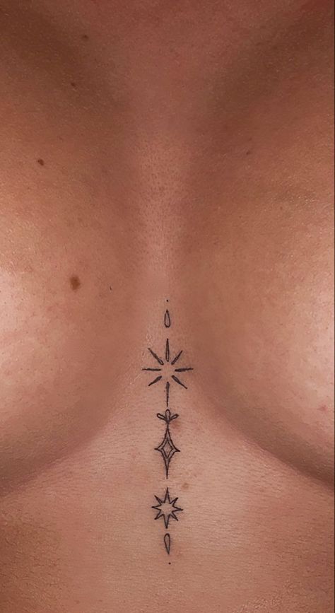 Sternum Star Tattoo Women, Small In Between Breast Tattoo, Symmetrical Chest Tattoo Female, Sternum Tattoo Fine Line, Sternum Star Tattoo, Cute Sternum Tattoo Women, Sternum Tattoo Big Bust, Upper Sternum Tattoo, Line Star Tattoo