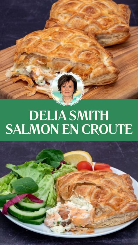 Delia Smith Salmon En Croute Salmon En Croute Recipe, Salmon En Croute, Delia Smith, Chefs Table, Flaky Pastry, Watercress, Salmon Fillets, Pastry Recipes, Tasty Dishes