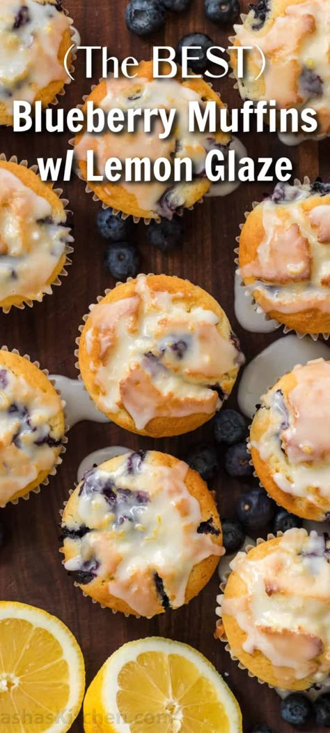 These Blueberry Muffins are bursting with juicy blueberries. They have a soft and moist crumb and puff up perfectly. The lemon glaze makes them completely irresistible and they always disappear fast! Healthier Bread, The Best Blueberry Muffins, Lemon Blueberry Muffins Recipe, Blueberry Cornbread, Natashas Kitchen, Lemon Muffin Recipes, Lemon Glaze Recipe, Best Blueberry Muffins, Berry Muffins