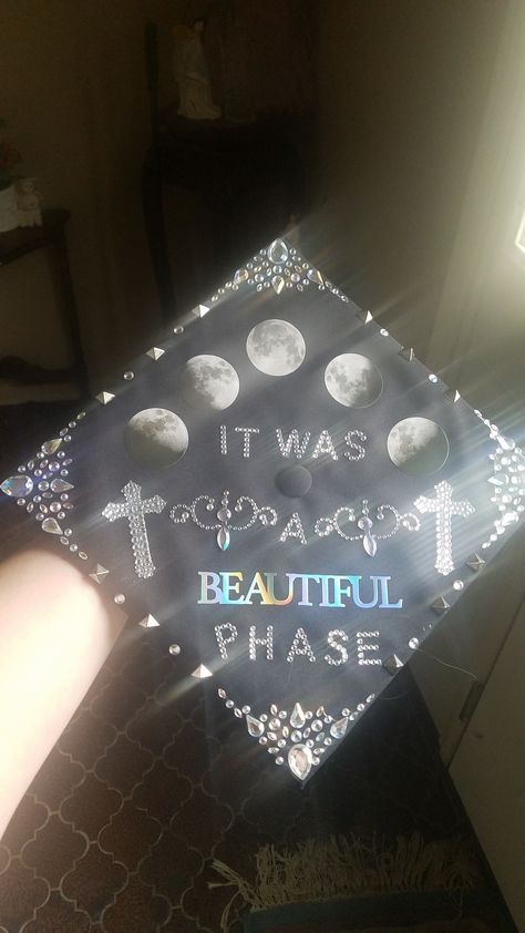 University Grad Cap Ideas, Sun And Moon Graduation Cap, Spooky Graduation Cap, Graduation Cap Designs Stars, Grunge Graduation Cap, Emo Grad Cap, Gothic Graduation Cap, Space Graduation Cap, Moon Graduation Cap