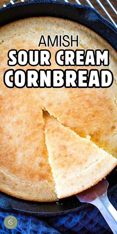 slice taken out by spatula from cornbread baked in cast iron pan Sour Cream Cornbread Recipe, Amish Sour Cream Cornbread, Amish Cornbread, Cream Cornbread, Cleverly Simple, Sour Cream Cornbread, Delicious Breakfast Casserole, Homemade Breads, Homemade Recipes Dessert