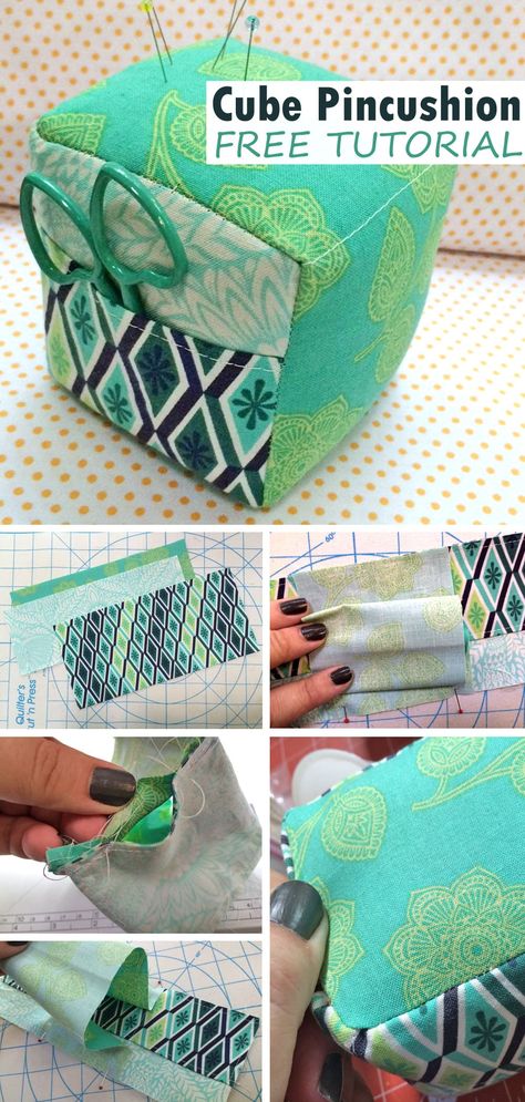 Cubed Pincushion DIY Tutorial Free Pin Cushion Sewing Pattern, Diy Pincushion How To Make, Sewing A Pin Cushion, Quick Fabric Crafts, Free Pincushion Patterns, Chatelaine Diy, Pin Cushions To Make, Diy Pin Cushion Easy, Pincushions To Make