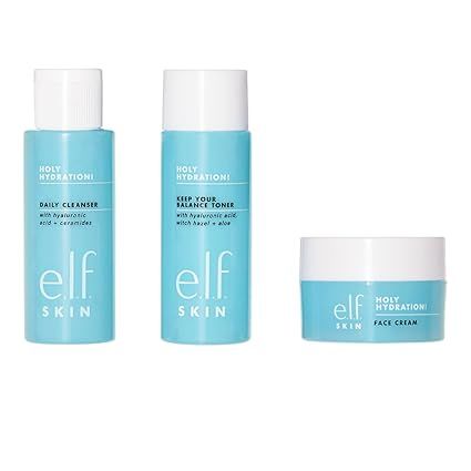 e.l.f. Skin Holy Hydration! The Essentials Mini Kit, Cleanser, Toner & Moisturizer for Hydrated & Balanced Skin, TSA-Friendly Sizes E.l.f Skincare, Dr Makeup, Skincare Stuff, Maybelline Falsies, Skincare Items, Travel Skincare, Neutrogena Makeup, E.l.f. Cosmetics, Elf Cosmetics