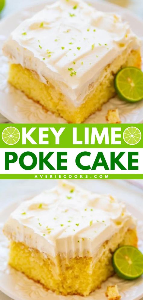 The perfect spring dessert! This easy Key Lime Poke Cake is always a crowd-pleaser. What's not to love about a refreshing key lime cake with plenty of tangy and sweet flavor? Bake up this summer dessert recipe for your next party, picnic, or potluck! Key Lime Poke Cake, Lime Poke Cake, Key Lime Cake Recipe, Homemade Margarita Recipe, Lime Dessert Recipes, Lime Cake Recipe, Key Lime Desserts, Key Lime Cake, Lime Desserts