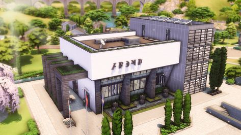 Sims 4 Gym Build Ideas, Modern Library Exterior, Sims Library Build, Sims 4 Foxbury Commons, Sims 4 Gym Ideas, Gym Exterior Design, Sims 4 Library Build, Sims 4 Gym Build, Sims 4 Mall