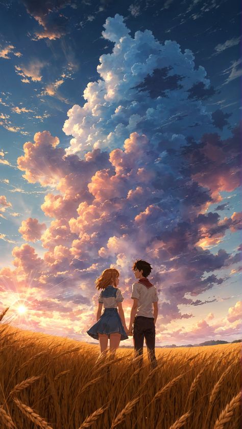 anime wallpaper, wallpaper hd, phone wallpaper, anime aesthetic, couple, men, woman, lovers, wheat field, beautiful clouds, anime couple, sunset, Anime Couple Wallpaper Hd Phone, Epic Wallpaper, Couple Sunset, Field At Sunset, Person Photography, Wall Street Art, Beautiful Clouds, Couple Holding Hands, Aesthetic Couple