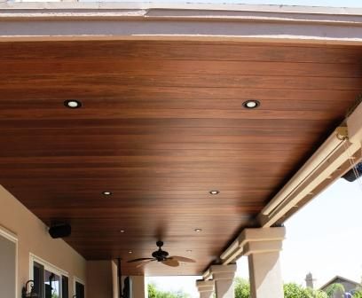 Wood Patio Ceiling - love this! Wood Patio Ceiling, Patio Ceiling Ideas, Soffit Ideas, Under Deck Ceiling, Deck Ceiling, Patio Ceiling, Small Patio Design, Tongue And Groove Ceiling, Pvc Ceiling Design