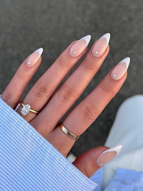 French Tip Nails With Rhinestones, French Wedding Nails, Wedding Nails Ideas, Almond Nails French, Stiletto Nails Short, Glitter French Tips, Long Almond, Wedding Nails French, Baby Blue Nails