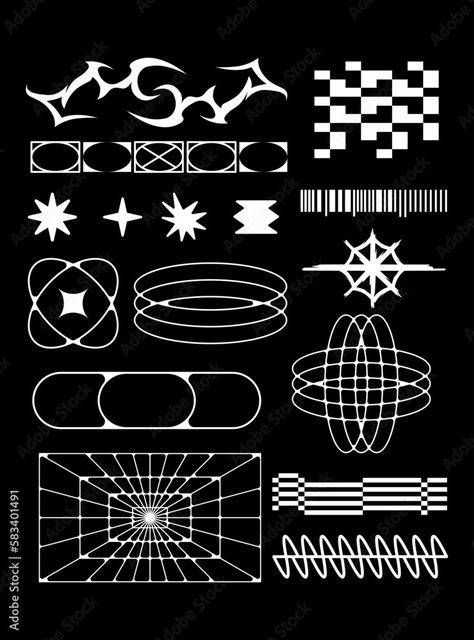 Cyberpunk Design Elements, Graphic Design Elements Shape, Brutalism Elements, Cyberpunk Symbols, Futurism Tattoo, Cyberpunk Branding, Techno Illustration, Techno Graphic Design, Sci Fi Graphic Design