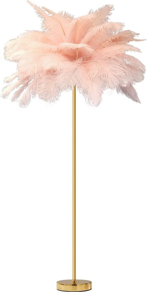 Barbie Core Home and Bedroom lamp with ostrich feathers and gold base Floor Lamp Pink, Pink Feather Lamp, Pink Floor Lamps, Ostrich Lamp, Gold Standing Lamp, Gold Floor Lamps, Flamingo Crafts, Pink Floor Lamp, Lamps Pink