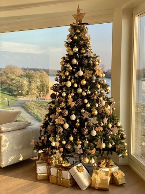 Gold Christmas Tree Ideas, Elegant Christmas Tree Decorations, Christmas Tree Inspo, Gold Christmas Tree Decorations, Pretty Christmas Decorations, Christmas Tree Decorating Themes, Flocked Christmas Trees Decorated, Elegant Christmas Trees, Creative Christmas Trees