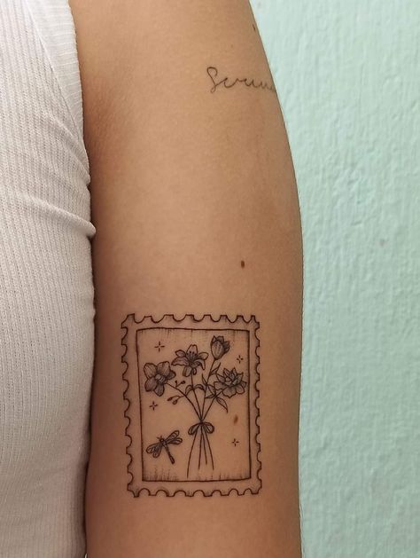 Tattoo Ideas Female Medium Size, Tulip Stamp Tattoo, Square Tattoo Frame, Stamp Tattoo Placement, Vintage Stamp Tattoo, Upper Knee Tattoo Women, Small Mexican Tattoo, Tattoo Arm Placement, Stamp Tattoo Ideas